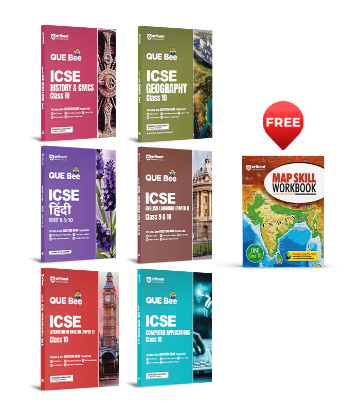 Combo of ICSE QUE Bee Class 10th Exam 2026 | Computer Application, English Lit, Geography. Hindi, History & Civics, English (9 & 10)| With Free Map Skill Social Sciene Class 10th