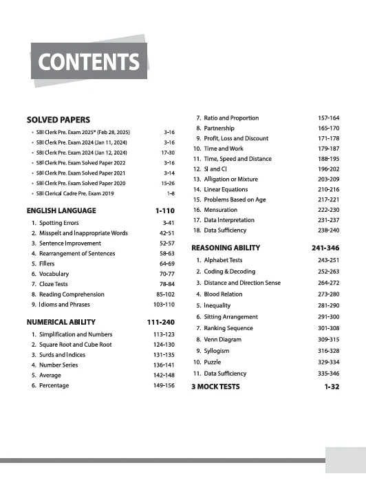 SBI Clerk (Junior Associates/Customer Support & Sales) Pre Exam (Phase I) 2025 | Study Guide | 2000+ Chapterwise MCQs & Sectionwise Syllabus Coverage | Includes Latest Solved Paper 2025 - Image 3